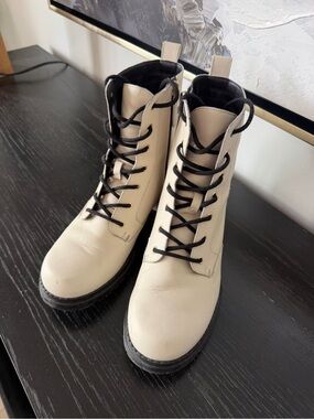 Cole Haan has Leather Cream Combat Boots with Black Laces